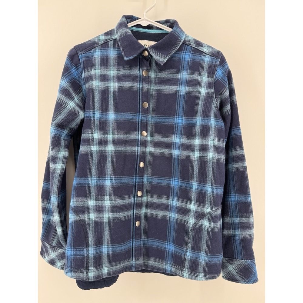 Orvis Fleece Lined Flannel Shirt Jacket Women M Blue Plaid Snap Close Shacket
